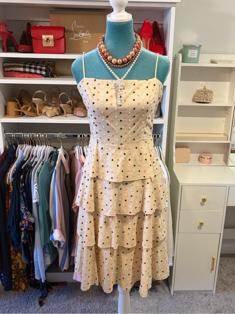 BCBGMaxAzria Cream Tiered Polka Dot Spaghetti Strap Dress
